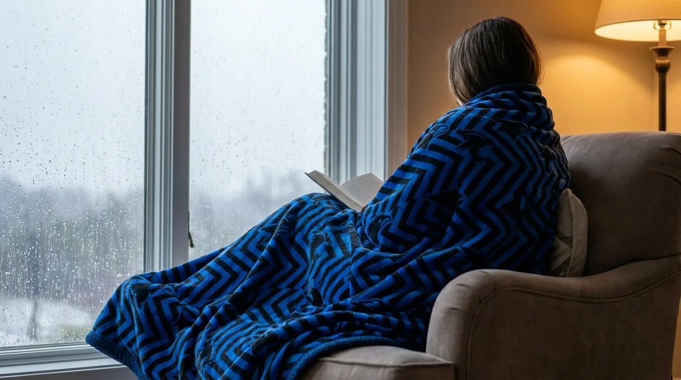 Person reading a book wrapped in a blue chevron NubaySoft blanket in an armchair beside a rain-streaked window