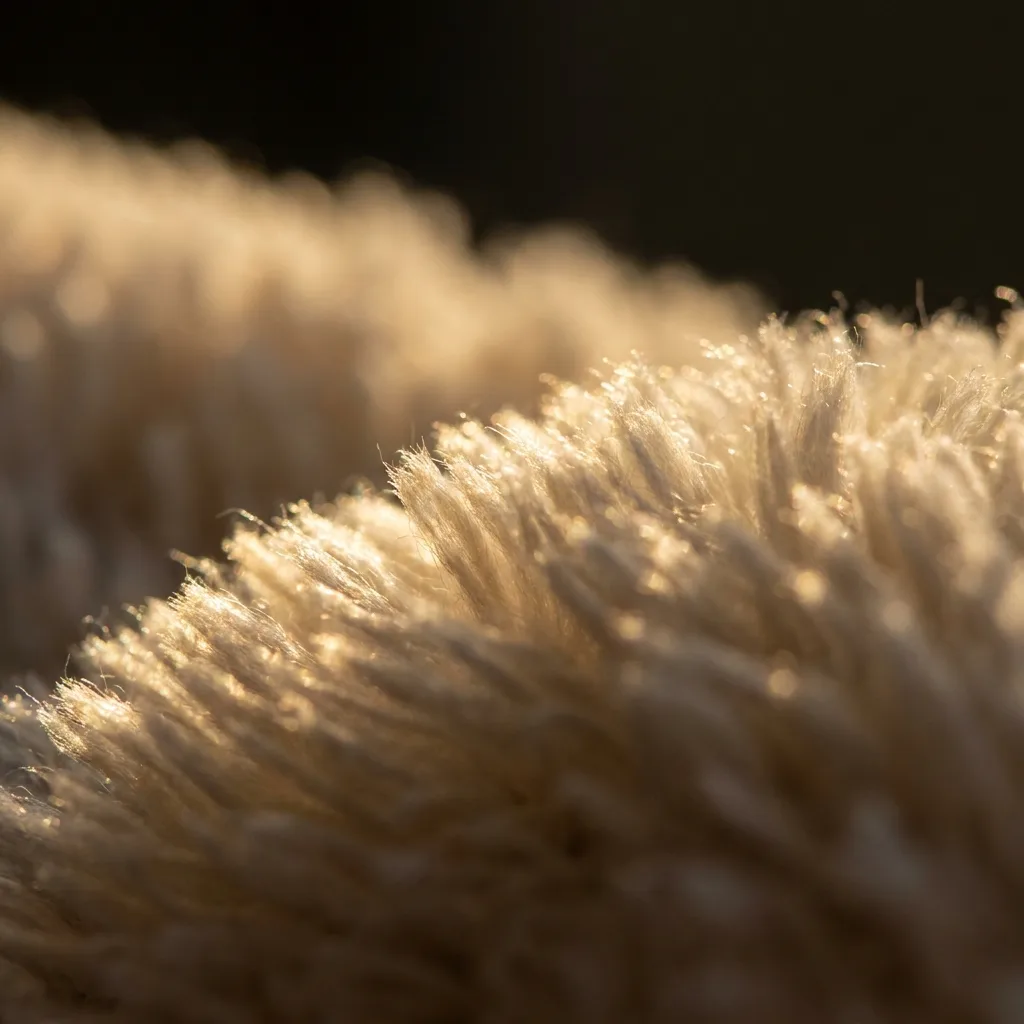 Extreme macro of NubaySoft 2.0 microfiber pile backlit by warm light, individual fibers glowing along a soft ridge of fabric