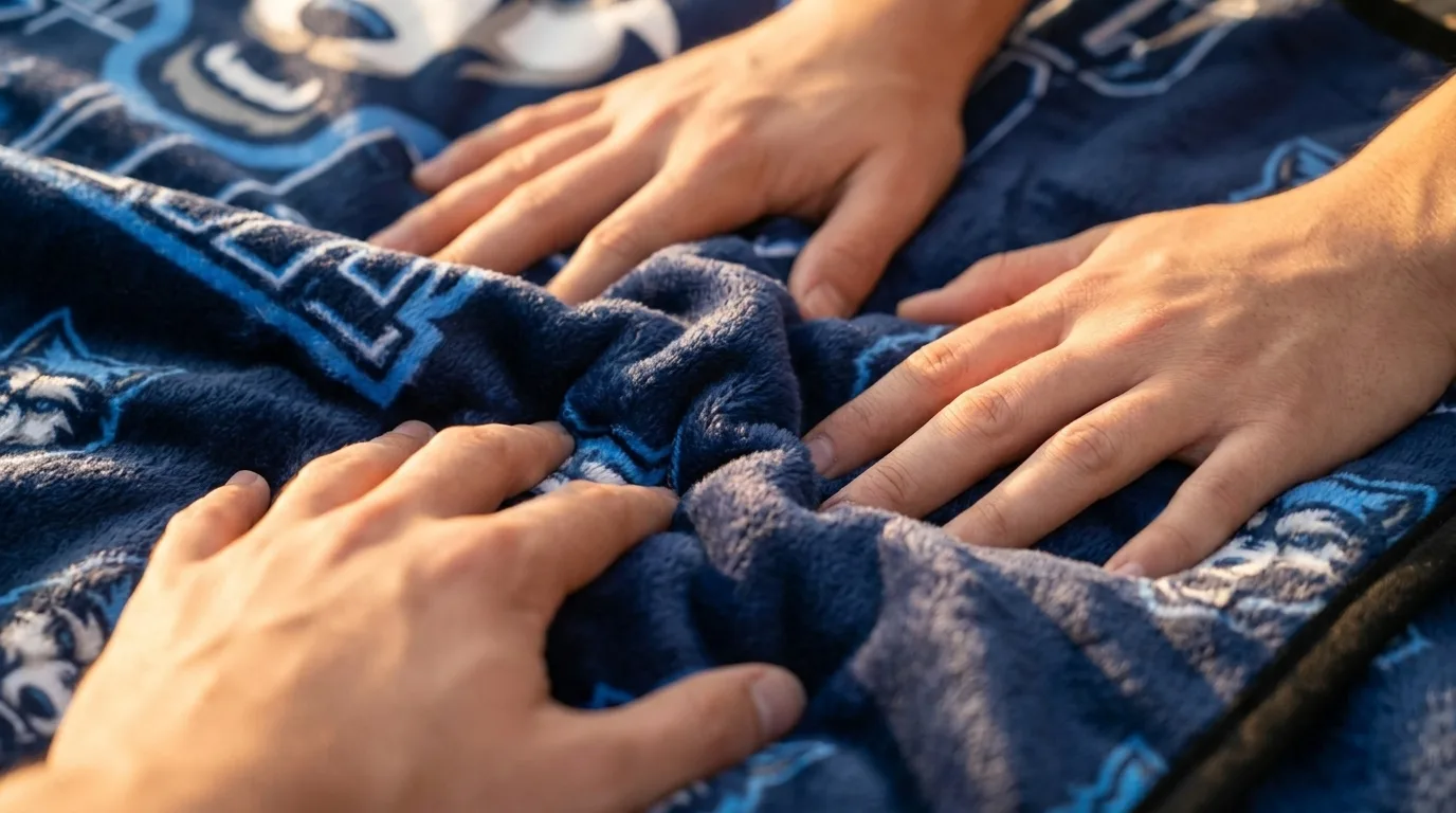 Two pairs of hands sinking into the dense plush pile of a navy custom-printed NubaySoft blanket