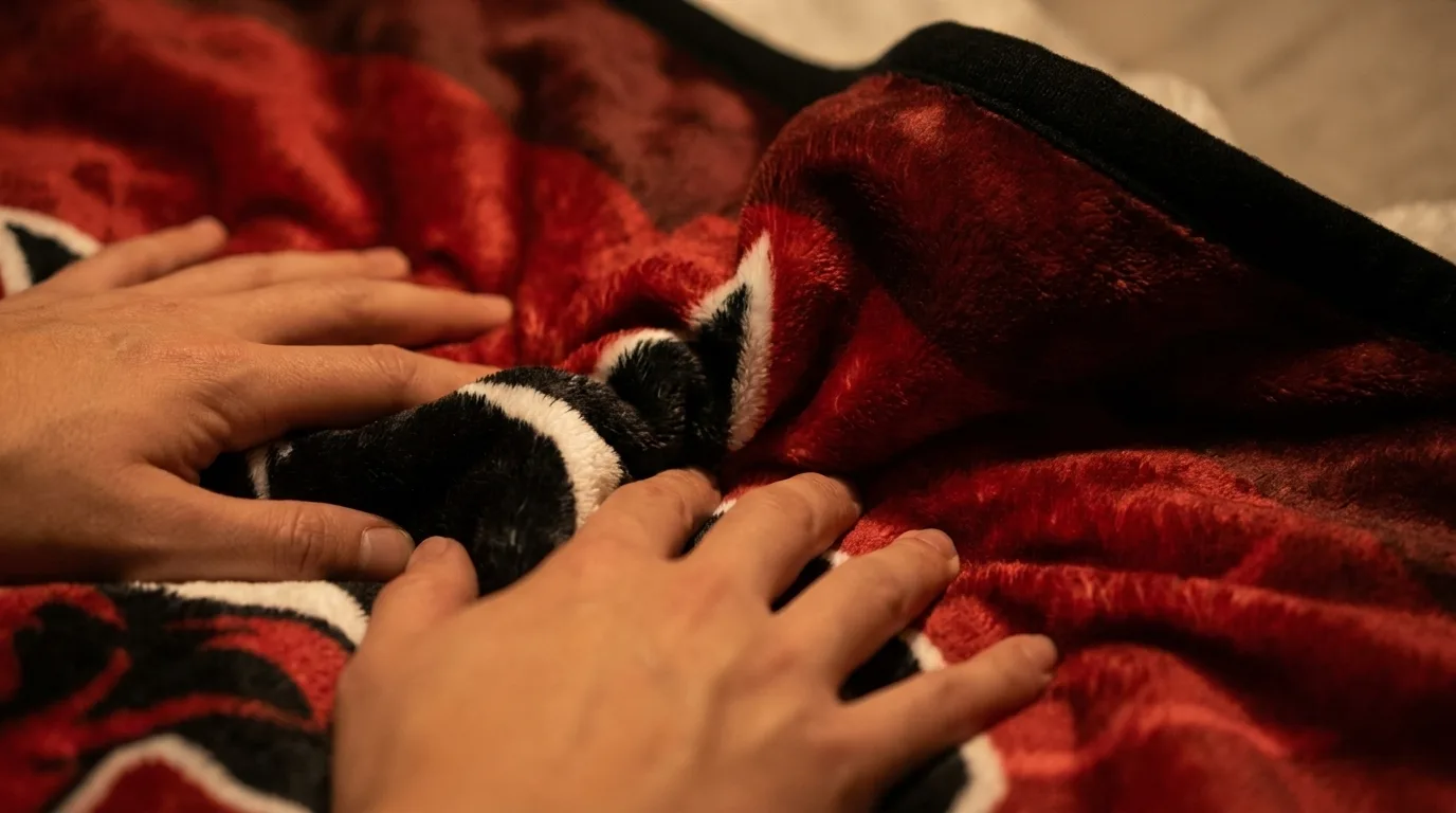 Hands gripping a deep red and black printed plush blanket in low evening light, the print rippling with the fabric